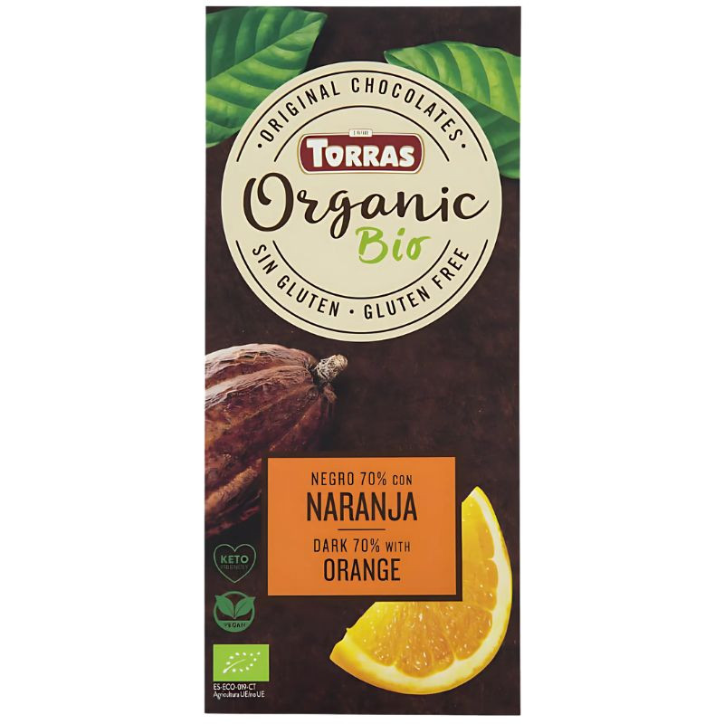 CHOCOLATE NEGRO ORGÁNICO 70% CACAO CON NARANJA 100GR TORRAS