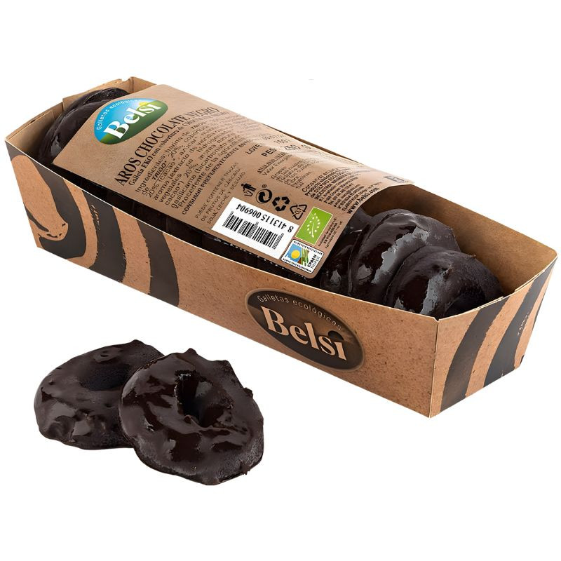 AROS DE CACAO CON CUBIERTA DE CHOCOLATE NEGRO 250G BELSI