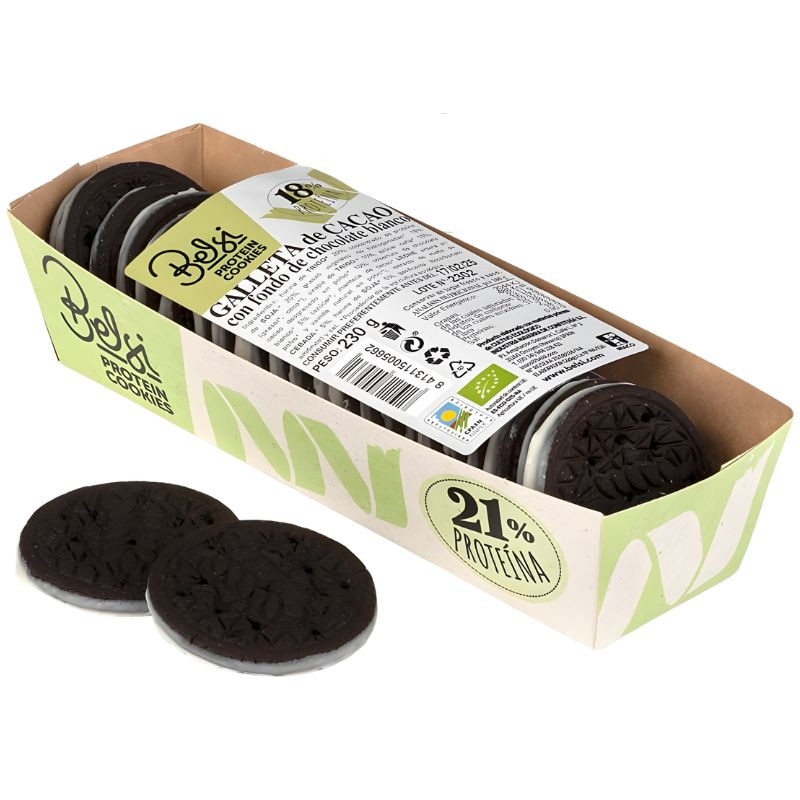 GALLETA PROTEICA CACAO CON FONDO DE CHOCOLATE BLANCO 230G BELSI