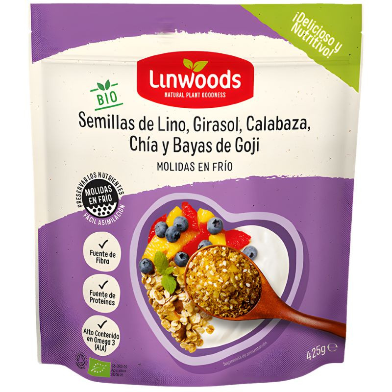 SEMILLAS DE LINO MOLIDAS CON 4 SEMILLAS BIO 425G LINWOODS