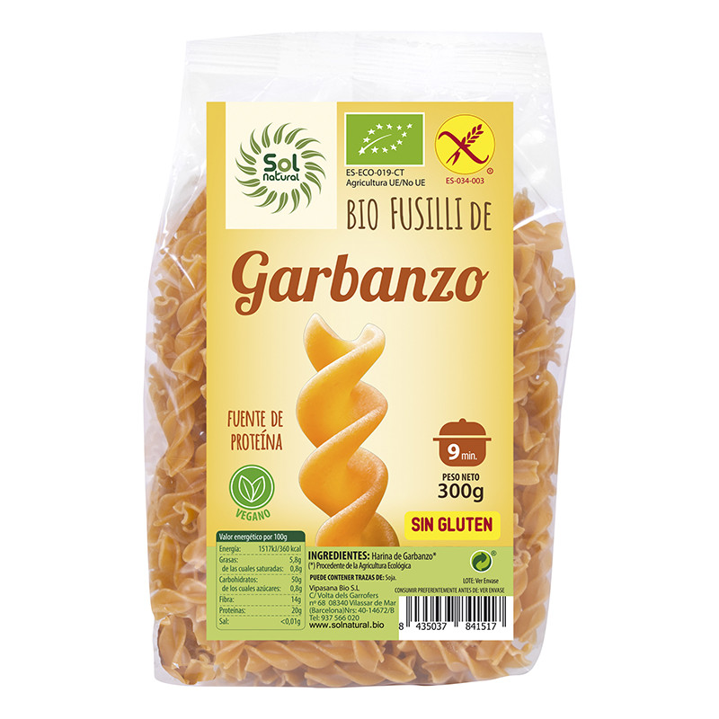 FUSILLI DE GARBANZOS BIO S/G 300Gr. SOL NATURAL